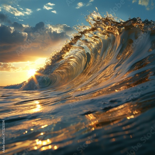 Sunlight dancing on the crest of a towering sea wave, illuminating its translucent beauty. 