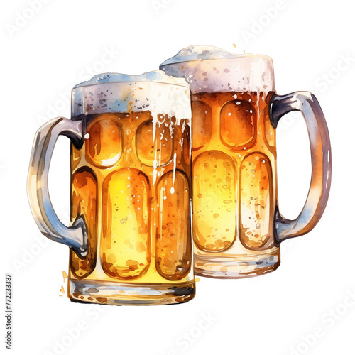 Two watercolor beer mug with mead pouring on the transparent background photo
