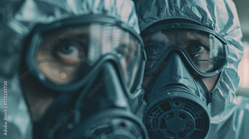 Two people in protective gear with gas masks on, AI Two people in protective gear with gas masks on, AI