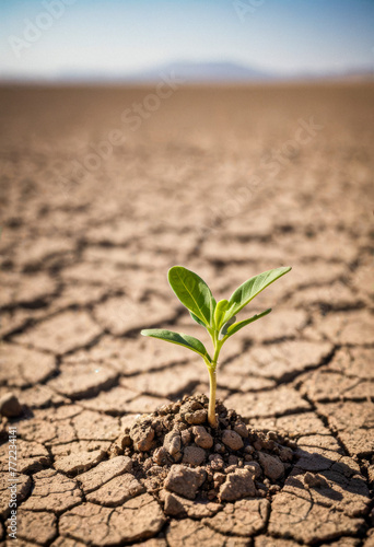 A little green fresh sprout in the middle of an arid dry desert, a world day to combat desertification and drought