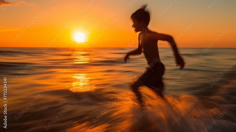 A young boy running through the water at sunset, AI