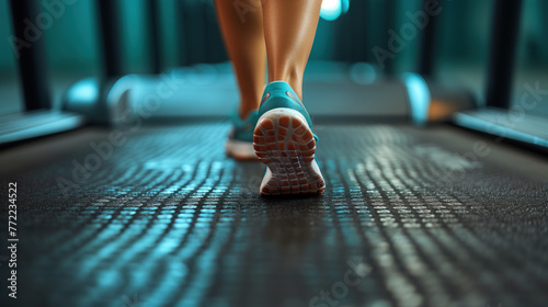 Determined athlete running on a treadmill in vibrant sports shoes. © Anna