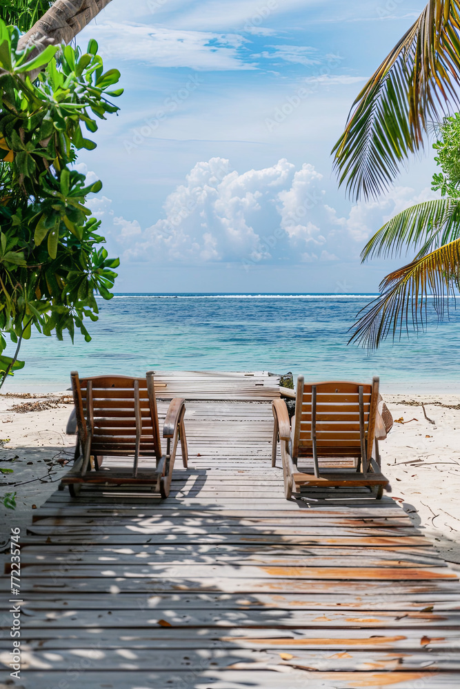 Two deck chairs on the wooden foothpath in the Maldives
