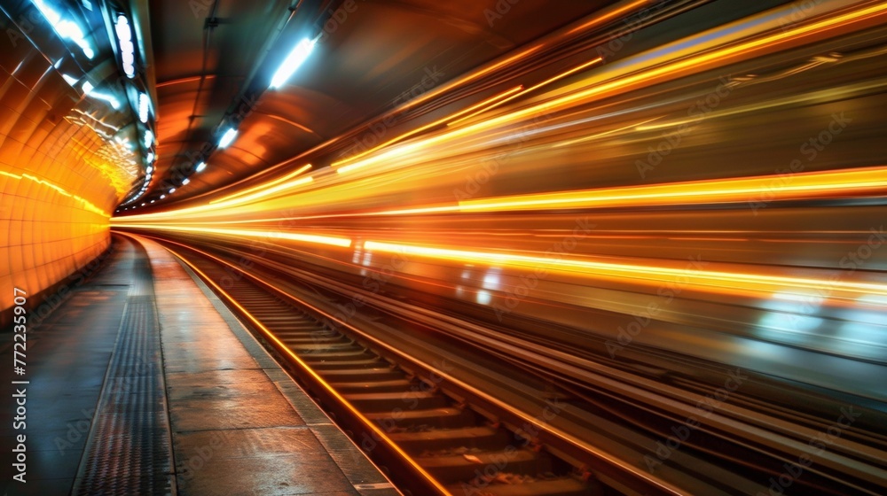 A train is moving down a track at night, AI