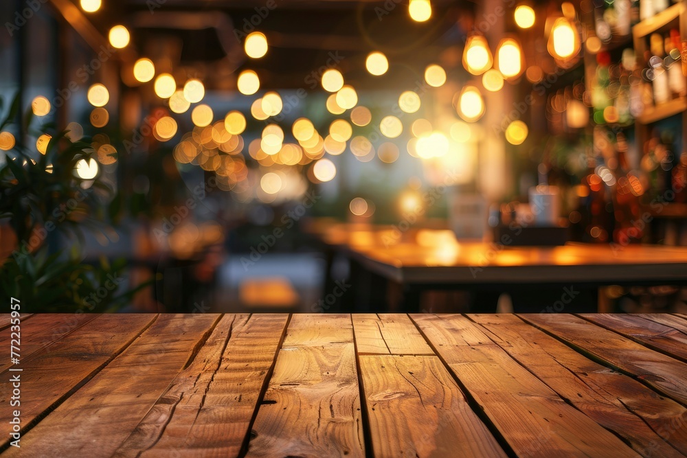 Image of wooden table in front of abstract blurred restaurant lights background - generative ai Image of wooden table in front of abstract blurred restaurant lights background - generative ai