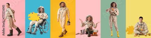 Collage of young beekeepers on color background photo