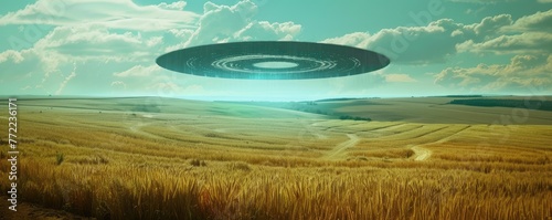UFO hovering over an endless golden wheat field with a mystical and otherworldly atmosphere
