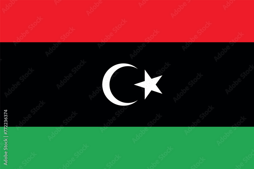 Flag of Libya. Libyan flag with Muslim crescent and star. State symbol of Libya. - obrazy, fototapety, plakaty 