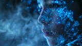 Close-up of a person's profile with digital blue light patterns overlaying their face, depicting concepts of artificial intelligence, technology