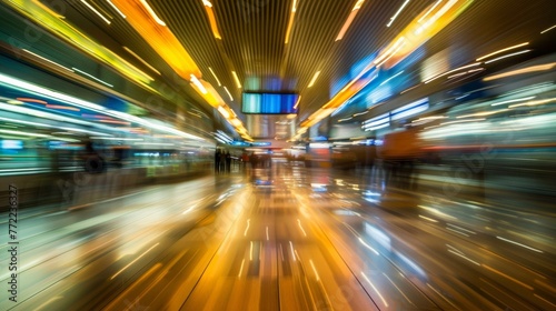 A blurry picture of a busy airport with people walking around  AI