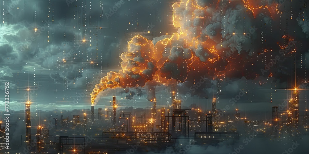 Obraz premium An innovative depiction of data cascading over factories, set against a network backdrop, showcasing cloud computing in manufacturing.