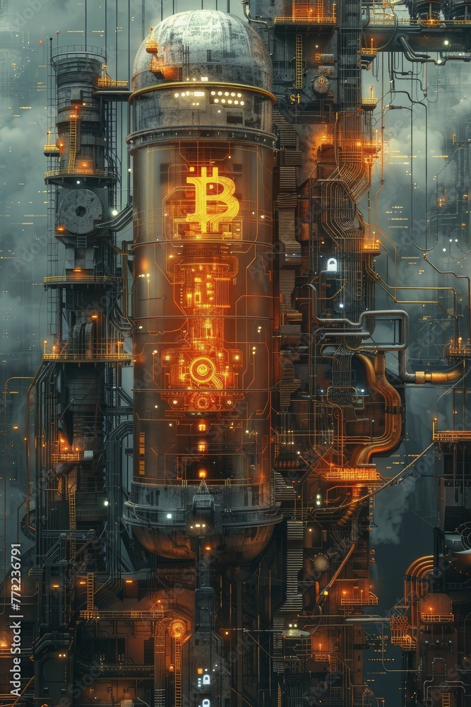 An innovative depiction of a digital currency symbol energizing industrial machinery against a fintech backdrop, illustrating cryptocurrency's role in manufacturing.