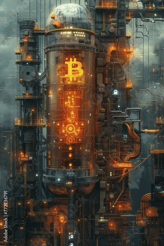 An innovative depiction of a digital currency symbol energizing industrial machinery against a fintech backdrop  illustrating cryptocurrency s role in manufacturing.