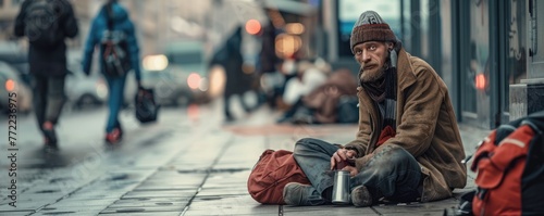 homeless in solitude, seated on the sidewalk, amidst an urban backdrop photo