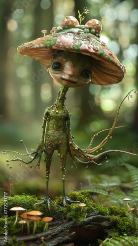 Charming 3D fantasy creature resembling a walking mushroom