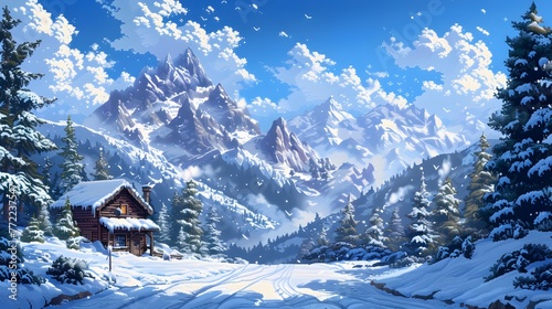 Enchanting Snow Covered Mountain Landscape with Cozy Cabin in Scenic Winter Wonderland © vanilnilnilla