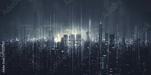 A futuristic cityscape emerges from a barcode against a commerce tech backdrop  symbolizing trade s digital evolution.
