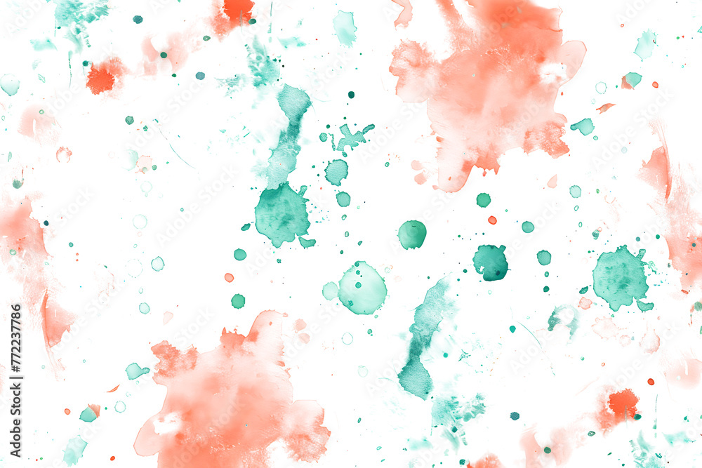 Coral and mint green watercolor splash pattern on transparent background.