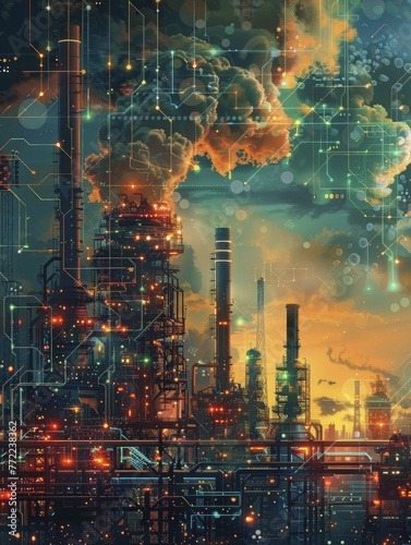 An eco-conscious depiction of a factory emitting digital signals in lieu of smoke against a tech backdrop  promoting clean digital production.