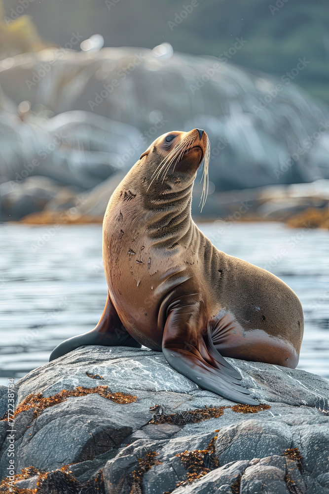 Fototapeta premium A female sea lion in sits perched on a rock, basking in the afternoon sun 