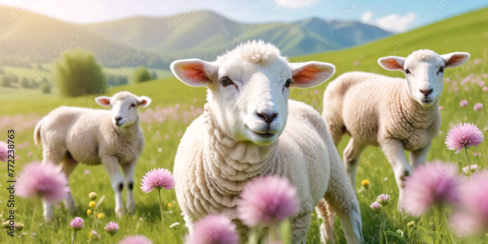 Fototapeta premium Ai generated image with beautiful sheep starring from a green field filled with flowers