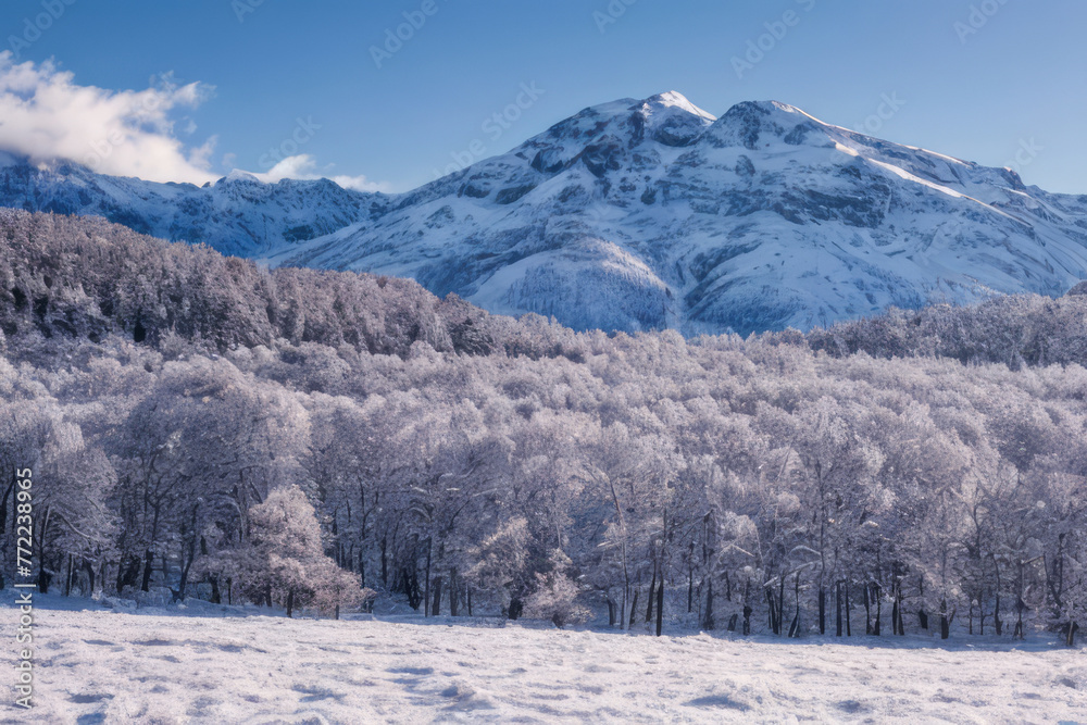 Majestic snow-capped mountains pierce a crisp blue winter sky