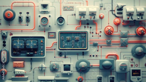 infographic Illustration of a complex control panel with various buttons, dials, and screens embedded into a surface with an intricate network of wires connecting the components.