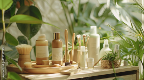 A variety of beauty and skincare products arranged neatly on a wooden tray surrounded by lush houseplants, creating a natural and serene setting