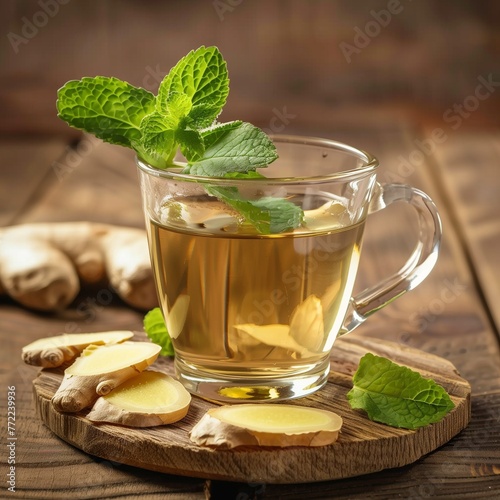 Steam rising from a glass cup of ginger tea, infused with slices of fresh lemon. 