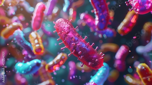 Beneficial microbes for humans 3D depiction of Lactobacillus over a pale light setting in-depth depicted and space, Generative AI. © Electro Unicorn