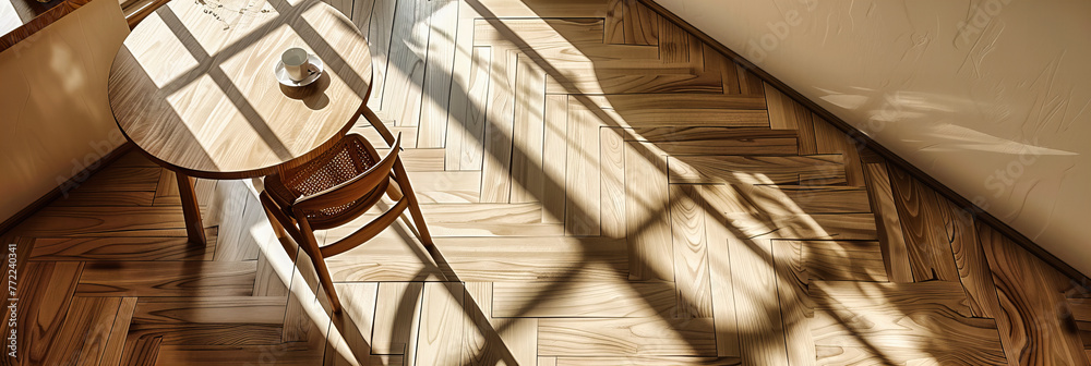 Sunlit Wooden Floor Casting Beautiful Shadows, Providing a Warm and Inviting Atmosphere with Its Vintage Design