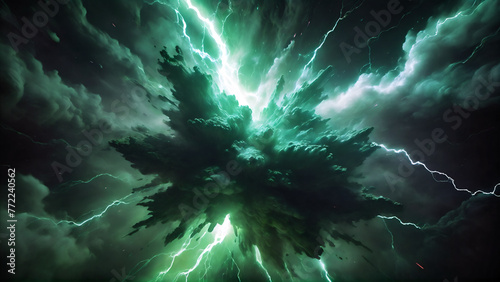 Lightning strike background. Abstract green cloud backdrop
