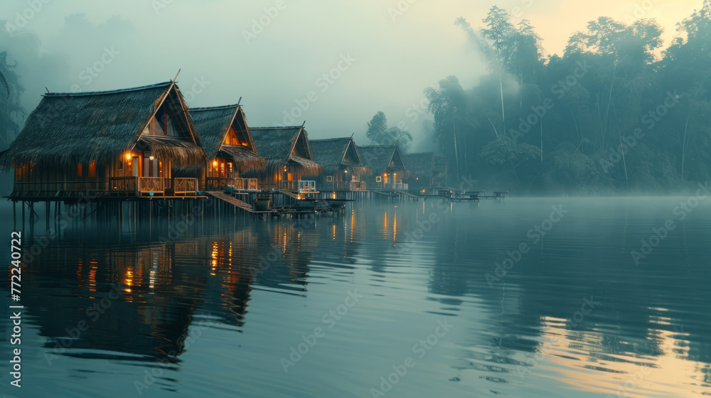 Traditional wooden huts on stilts over a serene lake shrouded in mist during twilight, with lush forests in the backdrop under a dusky sky. - obrazy, fototapety, plakaty 