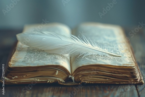 A feather quill writing in a book whose words become real landscapes creation theme