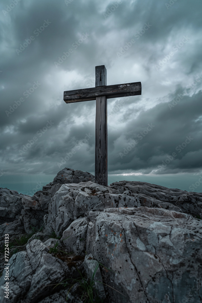 A wooden cross atop the mountain in a cinematic style A wooden cross atop the mountain in a cinematic style