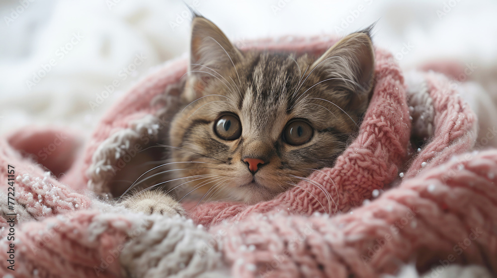 A cute tabby cat is wrapped in a blanket. Postcard cute cat. A cute tabby cat is wrapped in a blanket. Postcard cute cat.