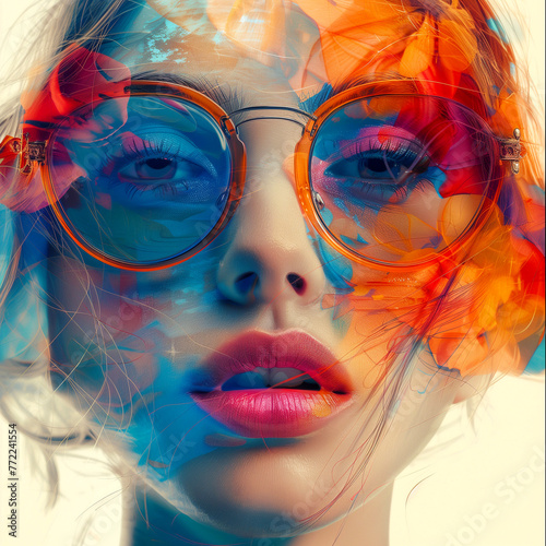  Fashion portrait of a beautiful woman with bright make-up and sunglasses.