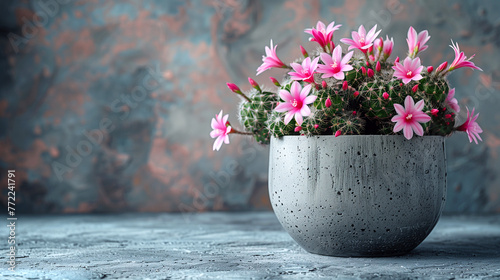 Cactus with pink flowers in a pot on a dark background.