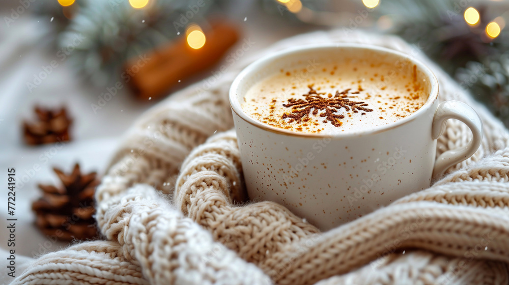 Cappuccino with cinnamon and anise on the background of a knitted scarf and Christmas lights Cappuccino with cinnamon and anise on the background of a knitted scarf and Christmas lights