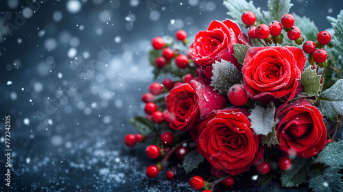 Bouquet of red roses on dark background with snowflakes