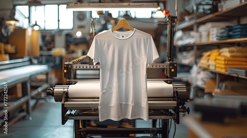 Chic printing gear in a print business depicting an array of printed or printable t-shirts depicted over the printshop facility and space, Generative AI.