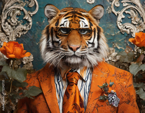 Portrait of a tiger in a orange jacket, sunglasses and a bow tie with flowers in rococo style