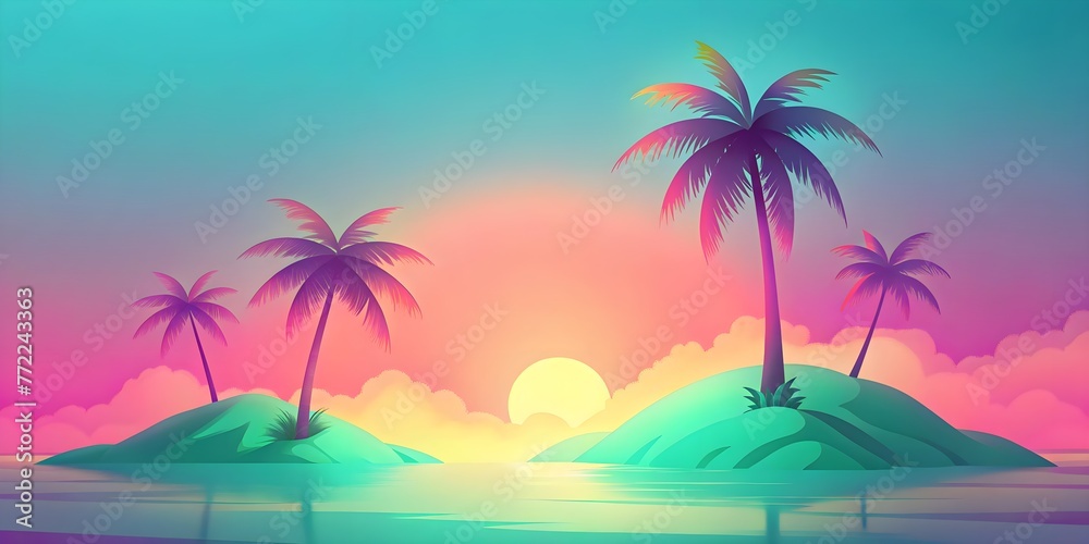 tropical beach, palm trees and rainbow