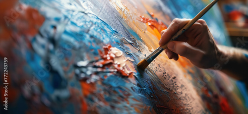 Female artist hand close up paints oil painting with brush. Creative art concept background.