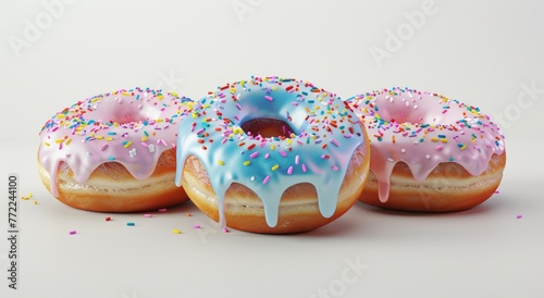 Three colorful donuts with icing and sprinkles on a pastel background, exhibiting a playful and appetizing appeal