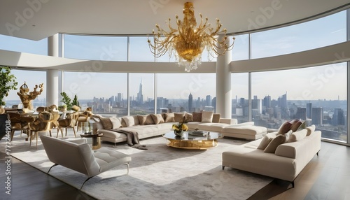An ultra-modern penthouse with floor-to-ceiling windows offering panoramic views of the skyline. The living area is furnished with high-end designer pieces and illuminated by a cascading golden chande photo
