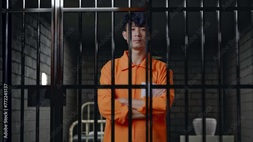 Asian Male Prisoner Standing In Prison, Raising Head, Crossing His Arms And Looking To Camera Asian Male Prisoner Standing In Prison, Raising Head, Crossing His Arms And Looking To Camera