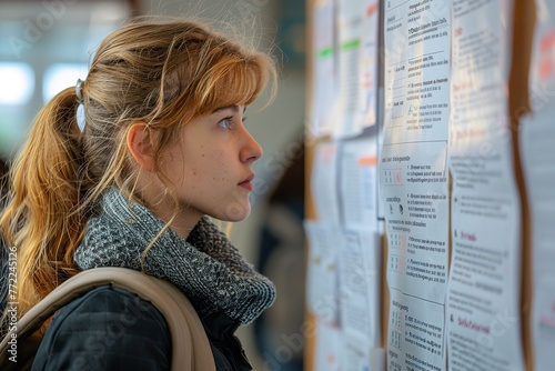 Female student looking over admissions results apprised over the campus announcement panel of university and space, Generative AI. photo