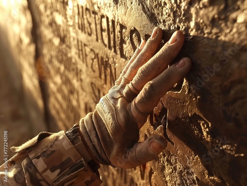 A man's hand is touching a wall with a sign that says 