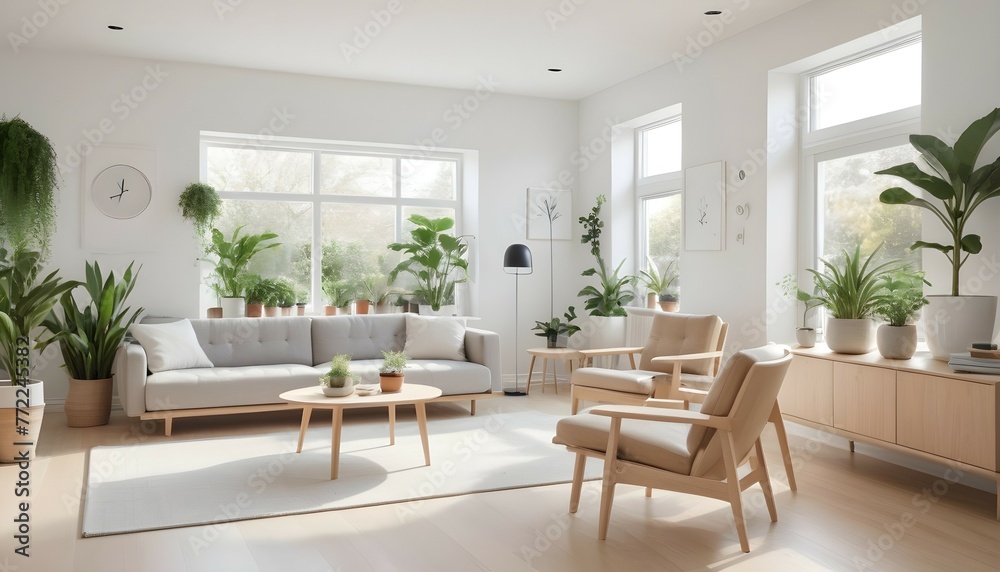 A minimalist retreat with Scandinavian-inspired design elements, including blonde wood furniture and clean lines. The living room is bathed in natural light, with potted plants adding a touch of green